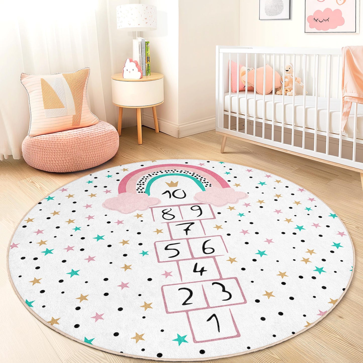 Regenbogen-Hüpfspiel-Spielteppich für Kinder, runde Spielmatte fürs Kinderzimmer, bunter Kinderzimmerteppich, interaktiver Spielteppich, weicher und kuscheliger Kinderteppich