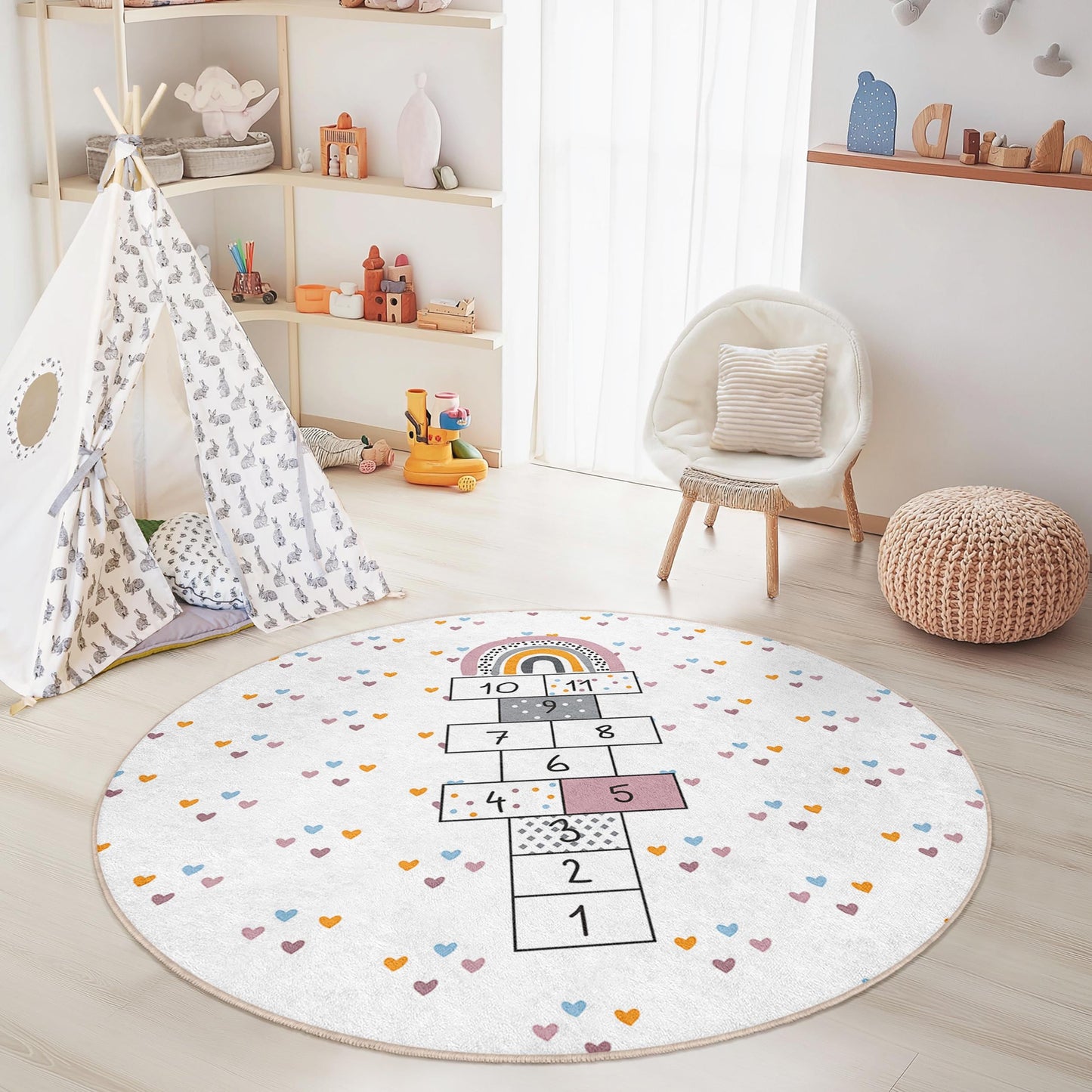 Runder Regenbogen-Hüpfteppich für Kinder, verspielter runder Teppich fürs Kinderzimmer, weiche Spielmatte für Kinder, Kinderzimmerdekoration