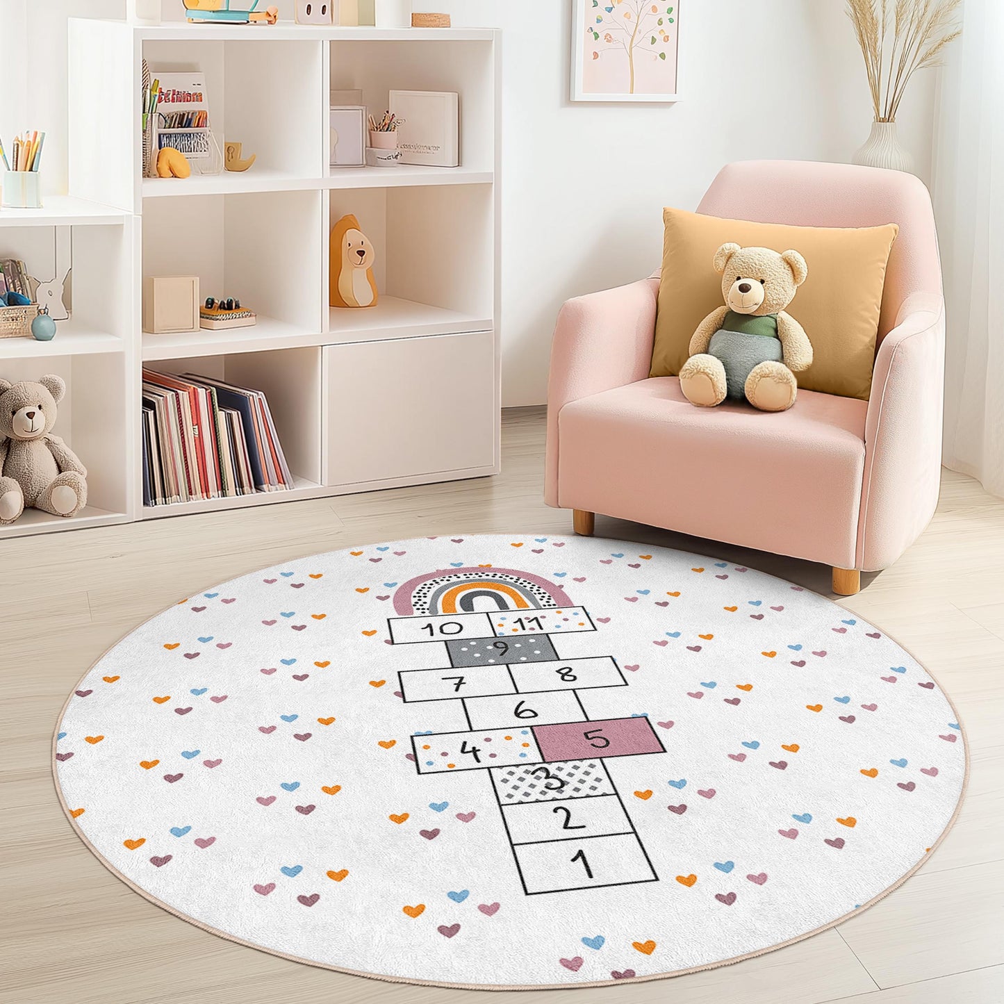 Runder Regenbogen-Hüpfteppich für Kinder, verspielter runder Teppich fürs Kinderzimmer, weiche Spielmatte für Kinder, Kinderzimmerdekoration