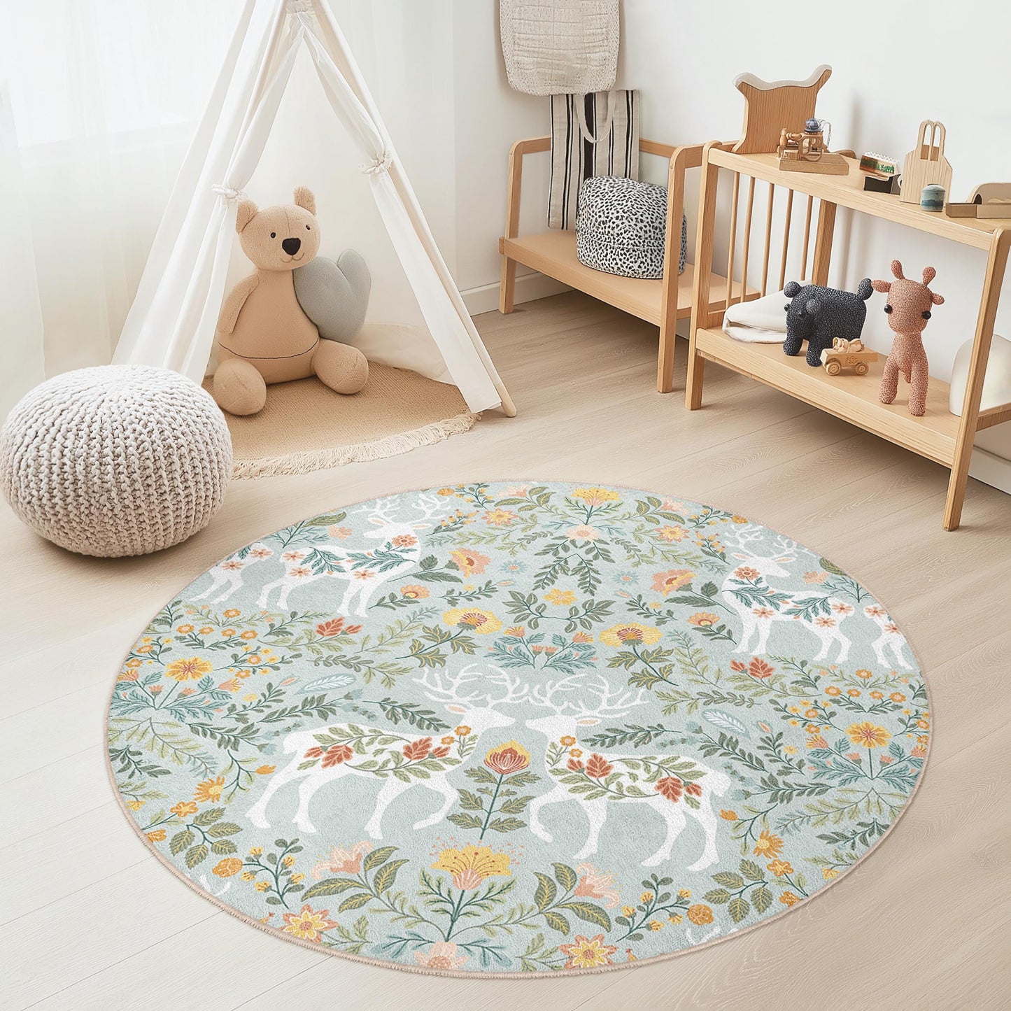 Runder Kinderteppich mit Hirschmotiv, Boho-Stil, weiche Spielmatte, runder Teppich fürs Kinderzimmer, von der Natur inspiriertes Design