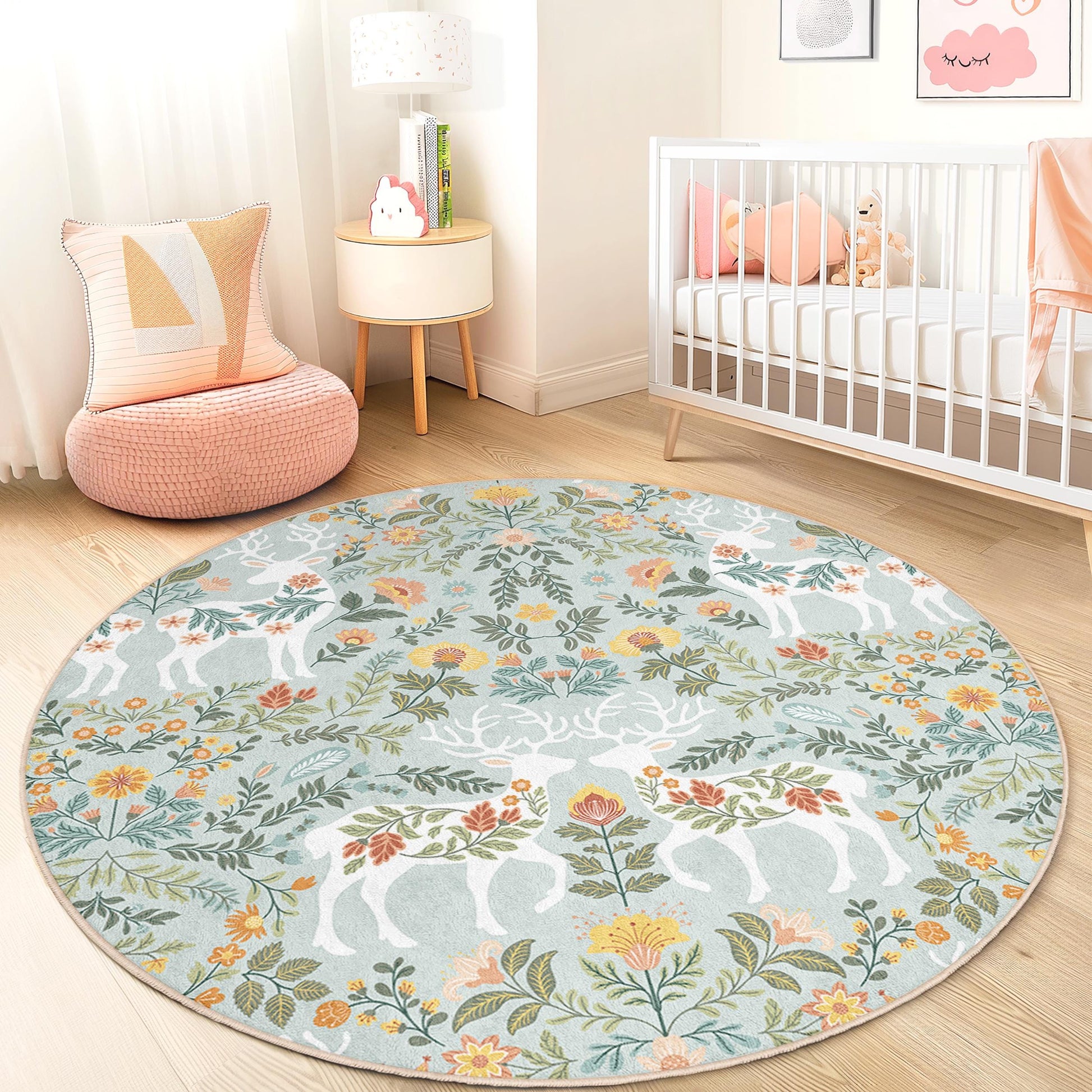 Floral Deer Round Kids Rug, Bohemian Nursery Decor, Soft Play Mat, Round Area Rug for Children's Room, Nature Inspired Design