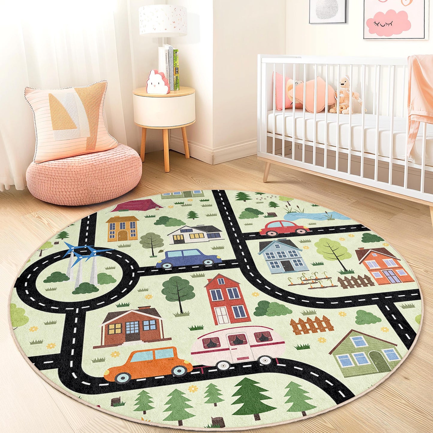 Verspielter runder Kinderteppich mit Straßenkartenmotiv, interaktive Spielmatte für Kinder, weicher Teppich für Spielzimmer, Kinderzimmerdekoration, Teppich fürs Kinderzimmer