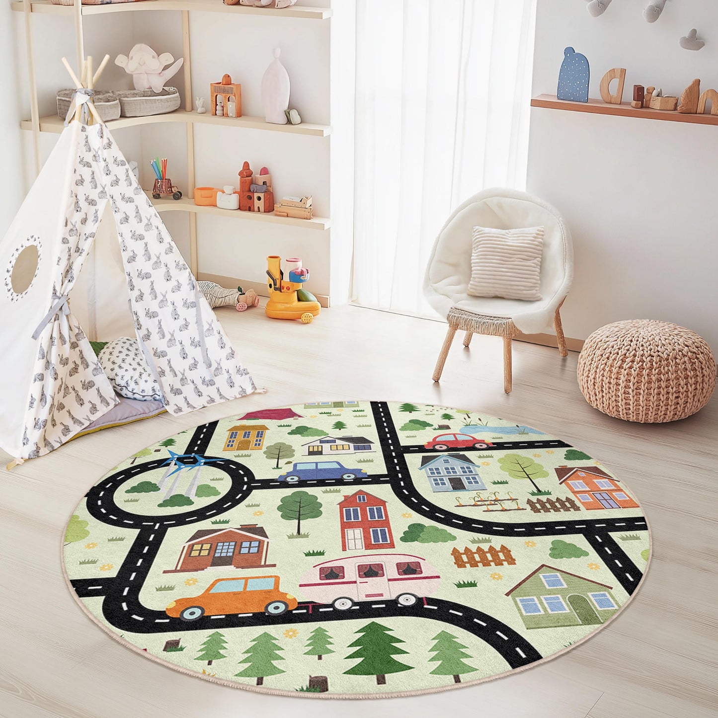 Verspielter runder Kinderteppich mit Straßenkartenmotiv, interaktive Spielmatte für Kinder, weicher Teppich für Spielzimmer, Kinderzimmerdekoration, Teppich fürs Kinderzimmer