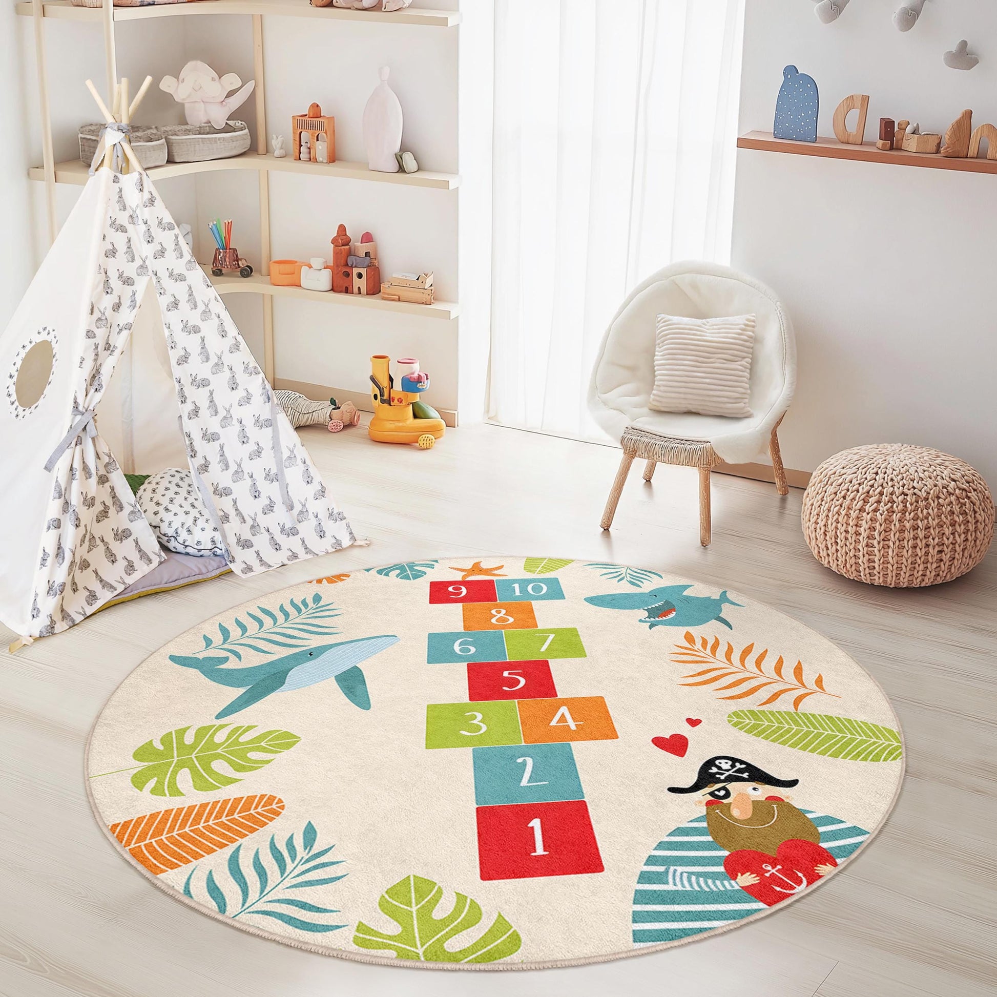 Underwater Adventure Round Kids Play Rug, Shark Hopscotch Play Mat, Ocean Theme Rug, Nursery Decor, Soft Playroom Carpet