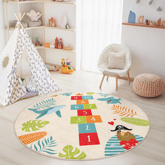Underwater Adventure Round Kids Play Rug, Shark Hopscotch Play Mat, Ocean Theme Rug, Nursery Decor, Soft Playroom Carpet