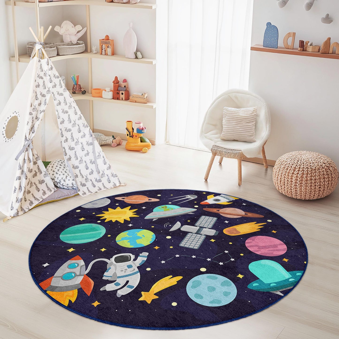 Runder Weltraum-Abenteuer-Kinderteppich, Spielmatte mit Galaxie-Motiv, Weltraum-Deko, Astronauten-Teppich fürs Kinderzimmer, Spielzimmerteppich