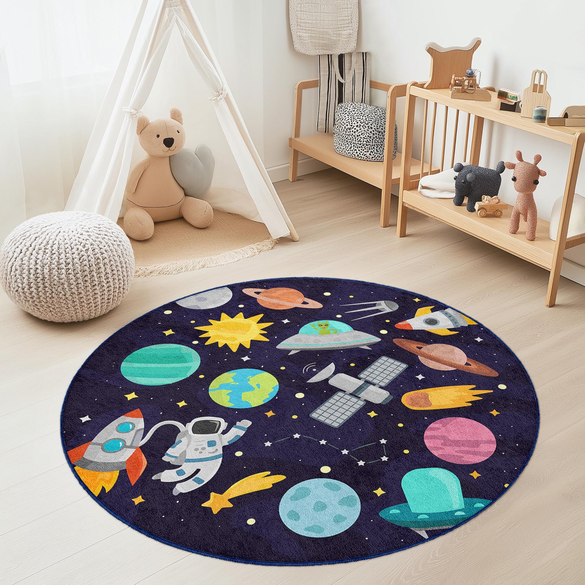 Space Adventure Round Kids Rug, Galaxy Themed Play Mat, Outer Space Decor, Astronaut Rug for Kids Room, Kids Playroom Carpet