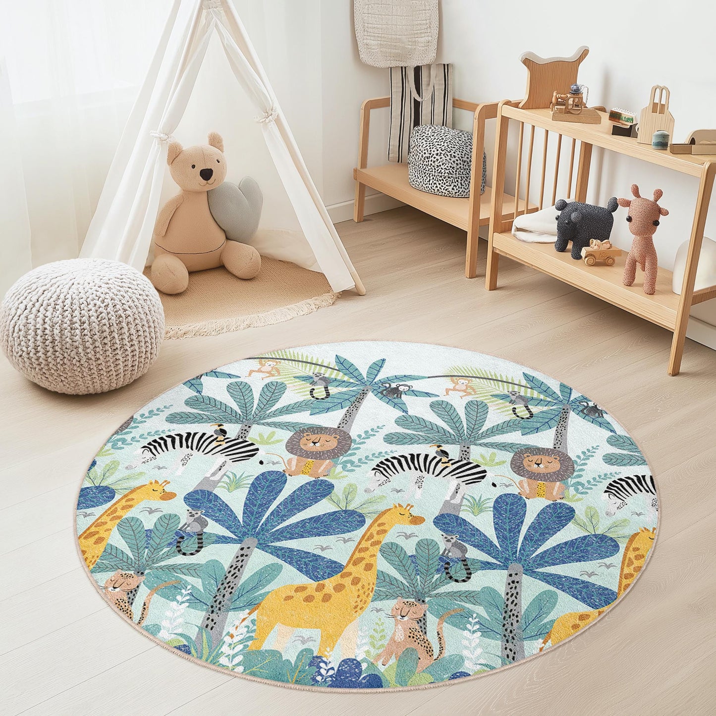 Runder Dschungel-Safari-Kinderteppich, Spielmatte mit Tiermotiven, weicher Kinderzimmerteppich, Kinderzimmerdekoration, runder Teppich für Kinder
