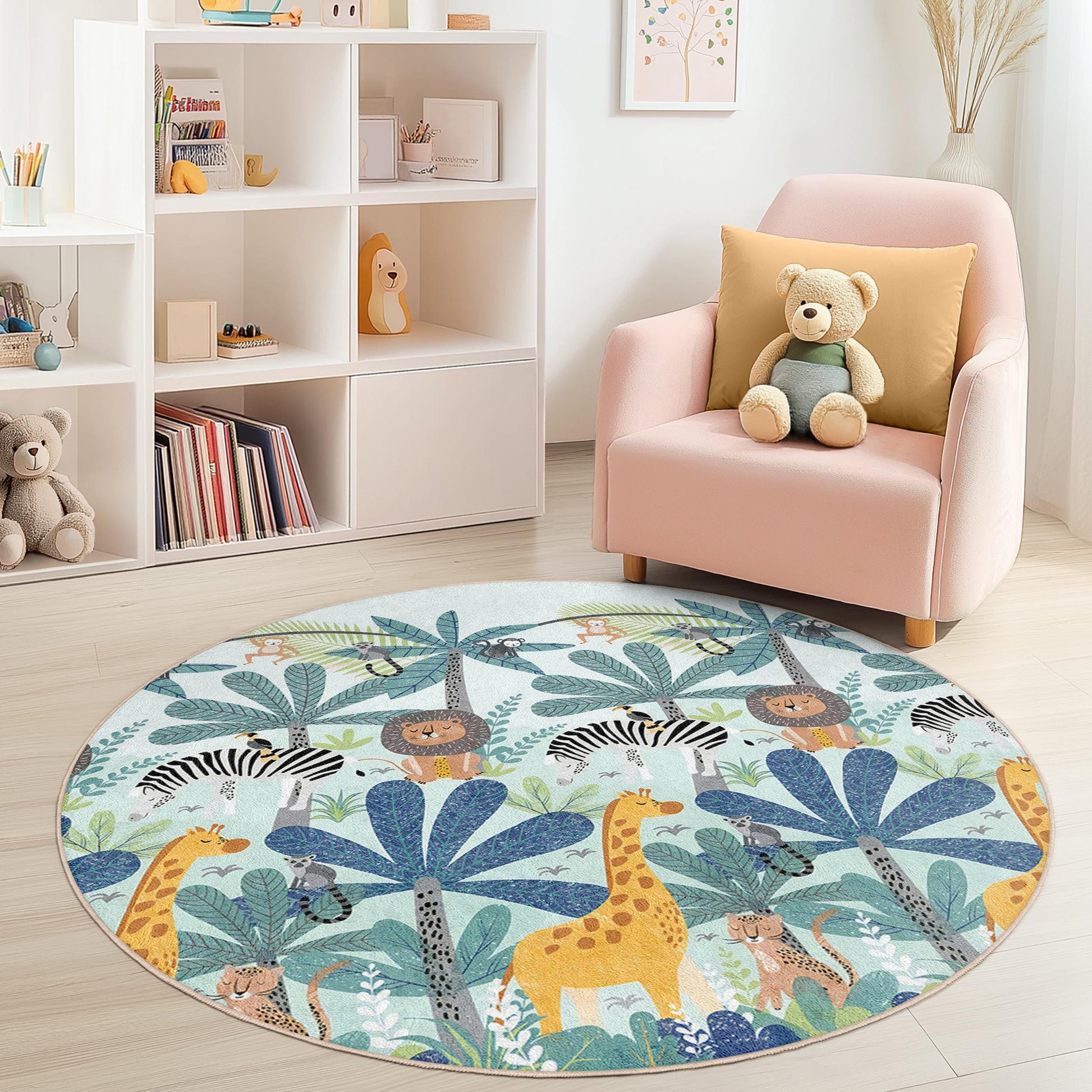 Jungle Safari Round Kids Rug, Animal Themed Play Mat, Soft Nursery Rug, Children's Room Decor, Round Carpet for Kids