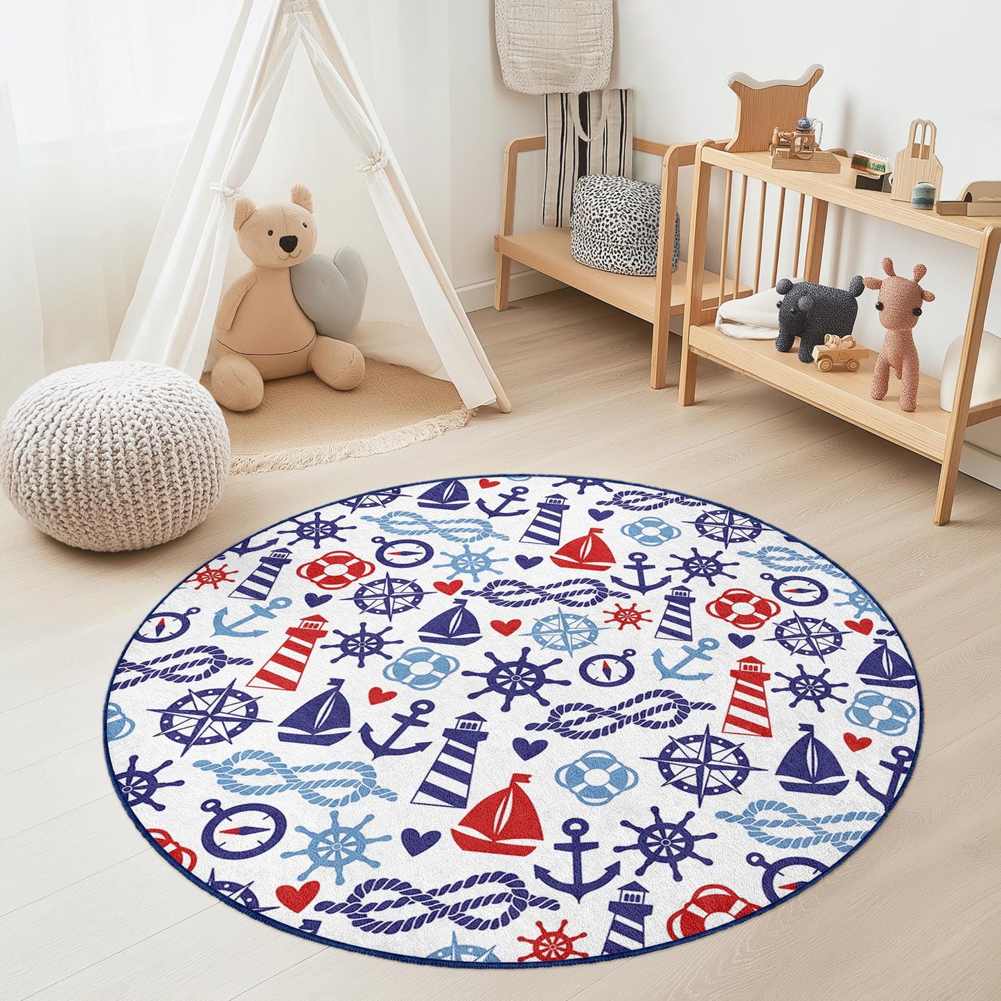 Runder Kinderteppich mit maritimen Motiven, Segelboot- und Ankerdesign, Kinderzimmerdekoration, Spielzimmerteppich, Teppich im Küstenstil