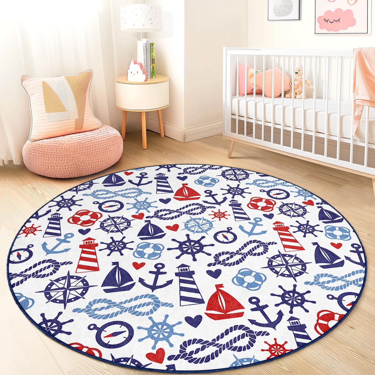 Runder Kinderteppich mit maritimen Motiven, Segelboot- und Ankerdesign, Kinderzimmerdekoration, Spielzimmerteppich, Teppich im Küstenstil