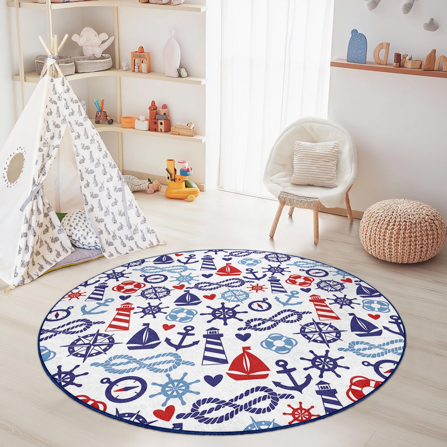 Nautical Adventure Round Kids Rug, Sailboat and Anchor Design, Kids Room Decor, Playroom Carpet, Coastal Theme Rug