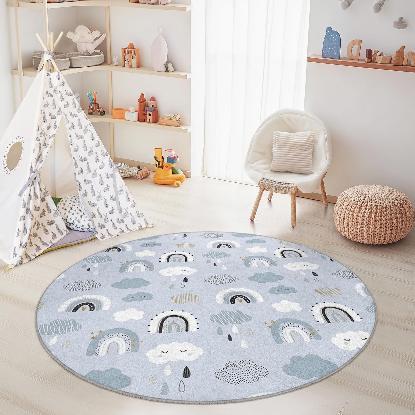 Runder Spielteppich mit Regenbogenwolken, weicher Babyzimmerteppich, Kinderzimmerdekoration, interaktive Spielmatte, niedlicher Kinderteppich
