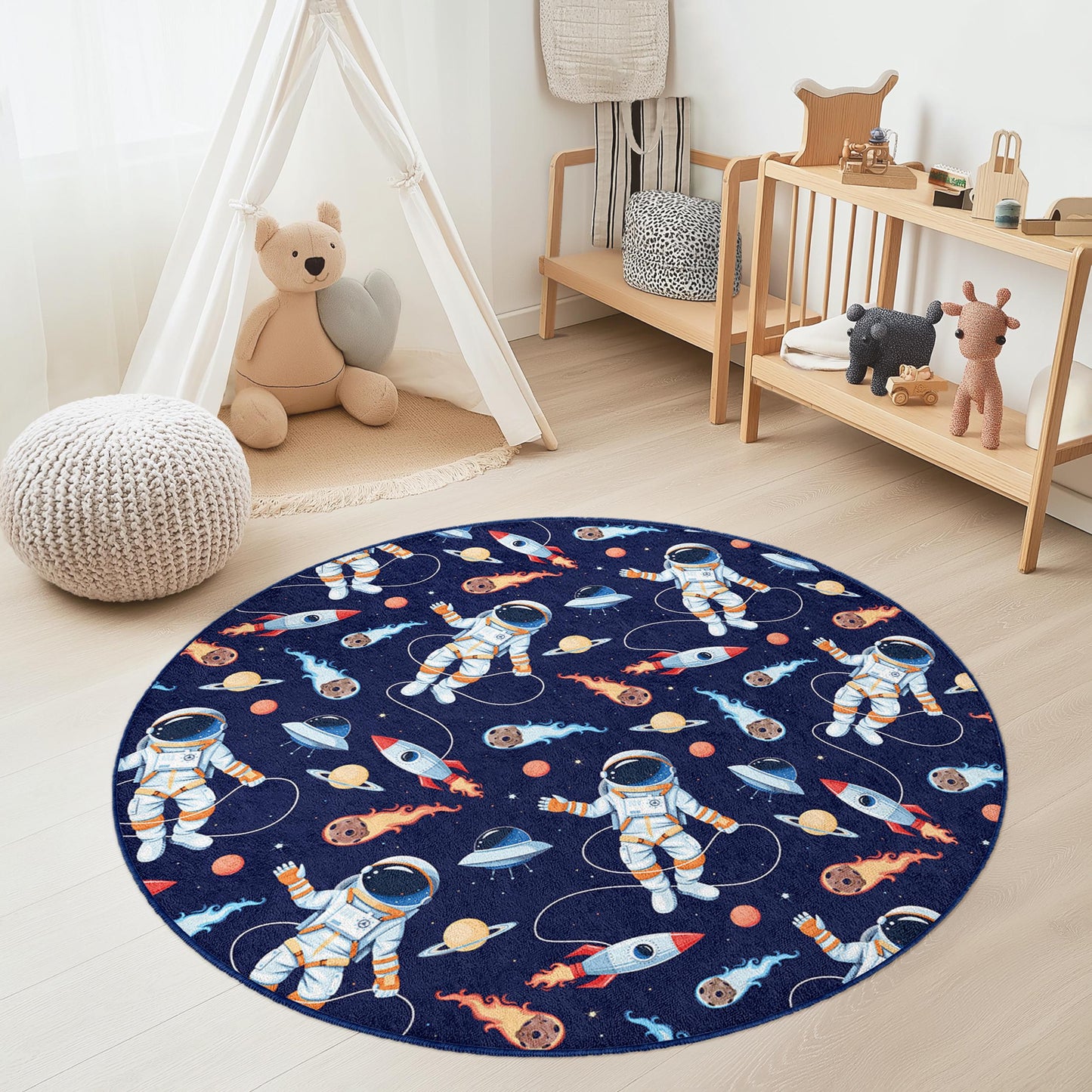 Runder Spielteppich „Astronauten im Weltraum“ für Kinder, Kosmischer Abenteuerteppich, Weltraum-Zimmerdeko, Kinderzimmerteppich, Spielmatte