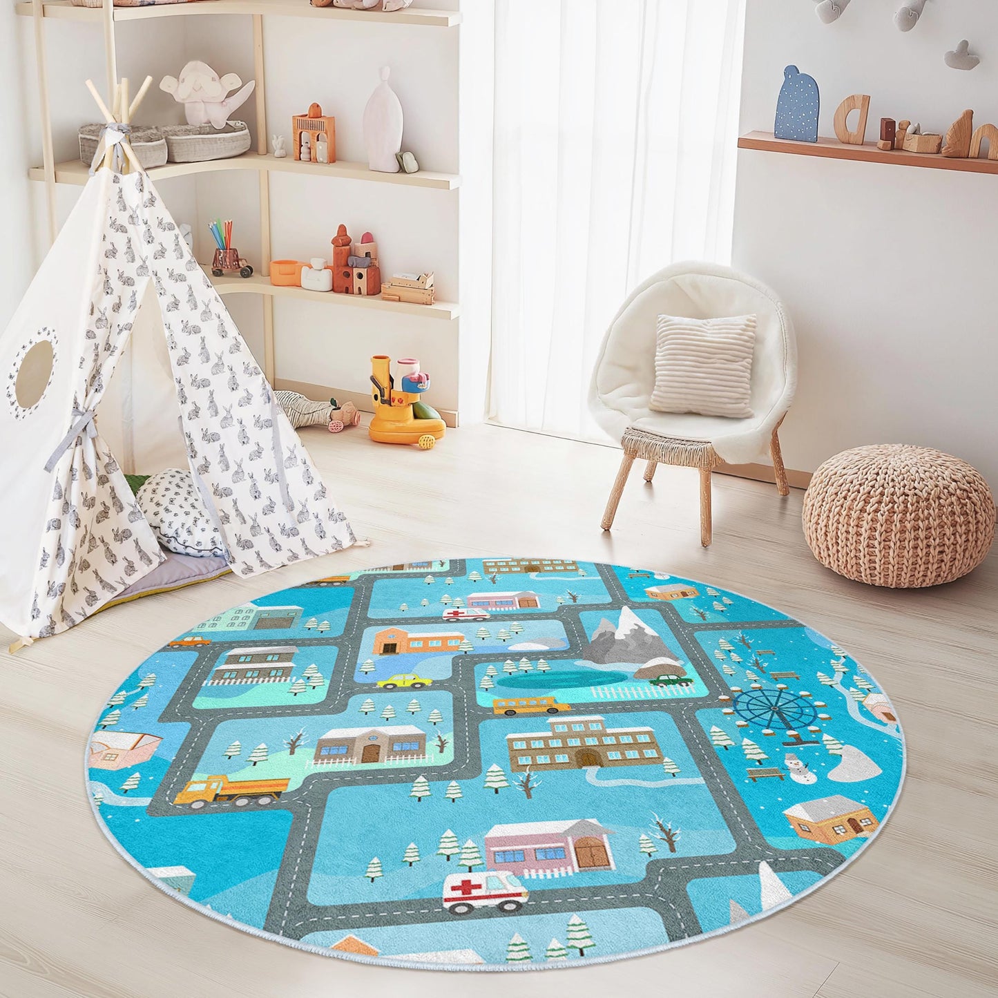 Winterwunderland-Spielteppich für Kinder, runder Straßenkarten-Teppich, interaktiver Kinderteppich, weiche Spielmatte, Kinderzimmerdekoration, Teppich fürs Kinderzimmer
