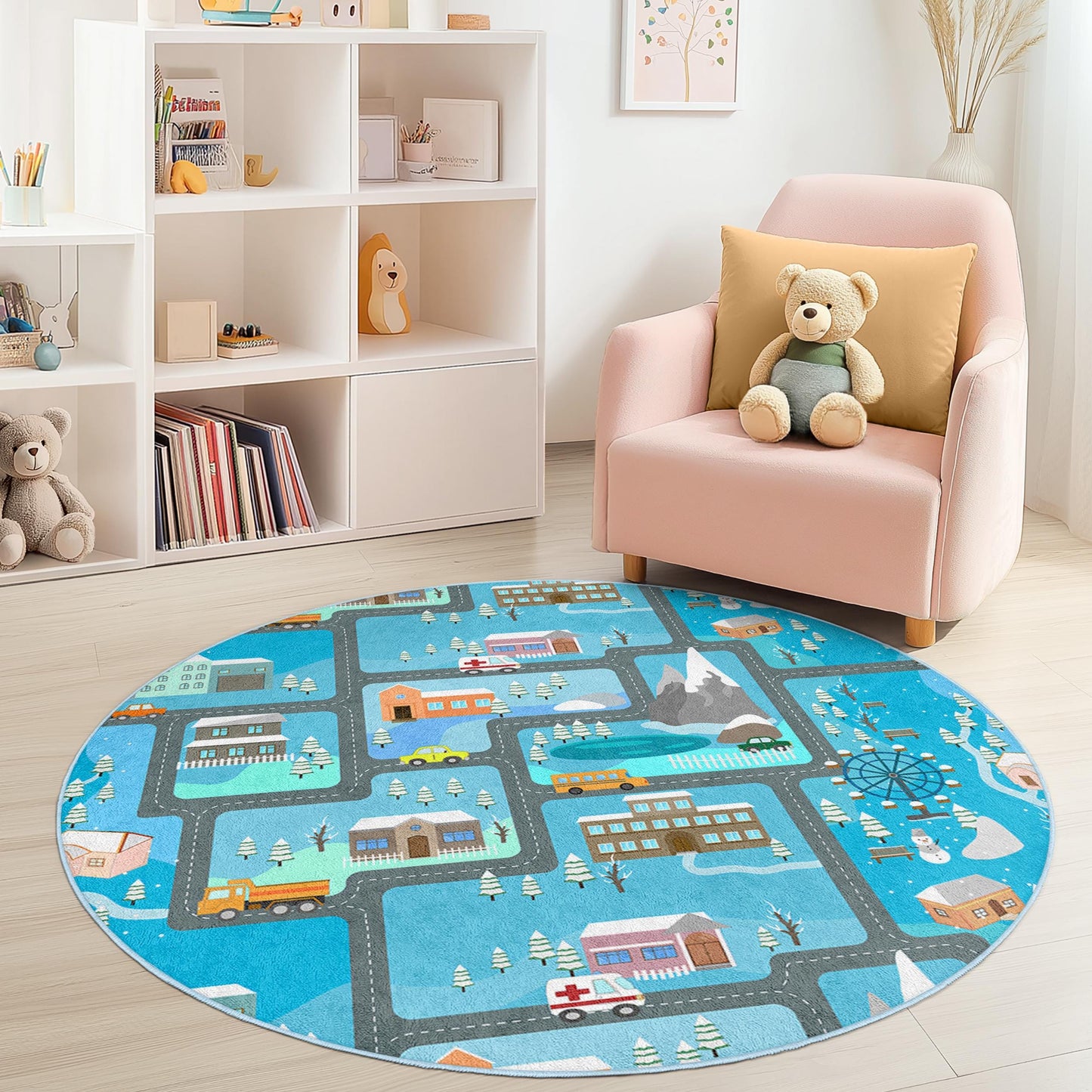 Winterwunderland-Spielteppich für Kinder, runder Straßenkarten-Teppich, interaktiver Kinderteppich, weiche Spielmatte, Kinderzimmerdekoration, Teppich fürs Kinderzimmer