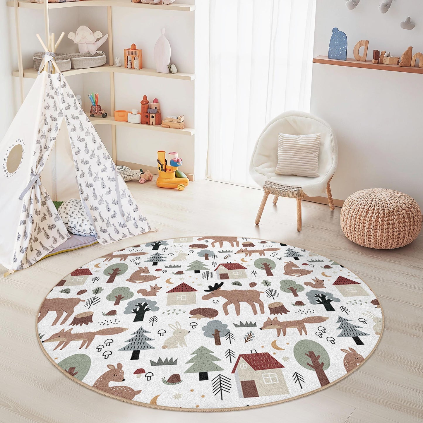 Runder Spielteppich mit Waldtiermotiven für Kinder, Waldmotiv-Kinderzimmerteppich, niedlicher Tierteppich für Spielzimmer, Kinderzimmerdekoration