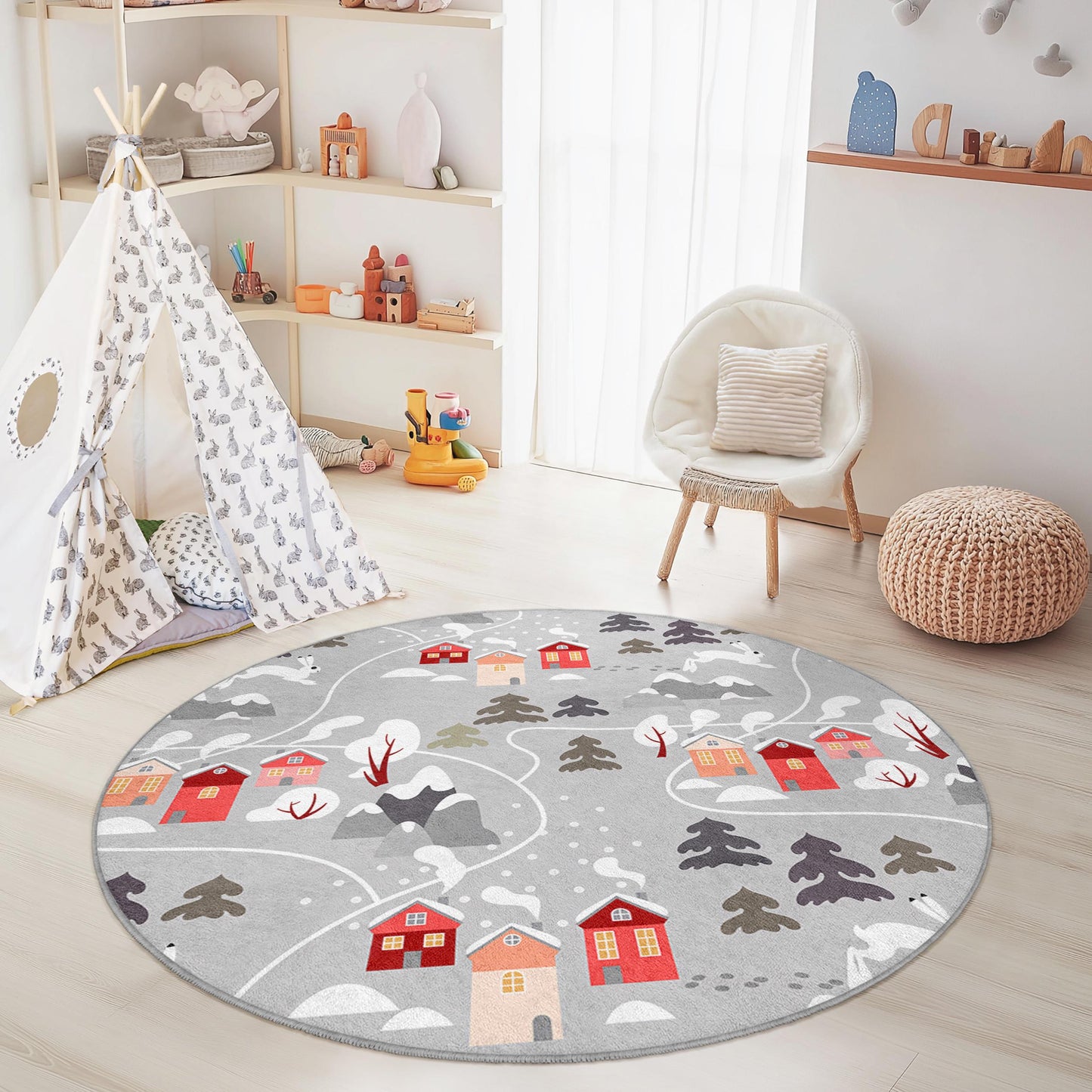 Runder Spielteppich „Winterwunderland“ für Kinder, gemütliches Dorf-Muster, Kinderzimmerdeko, Spielzimmerteppich, weicher Kinderzimmerteppich