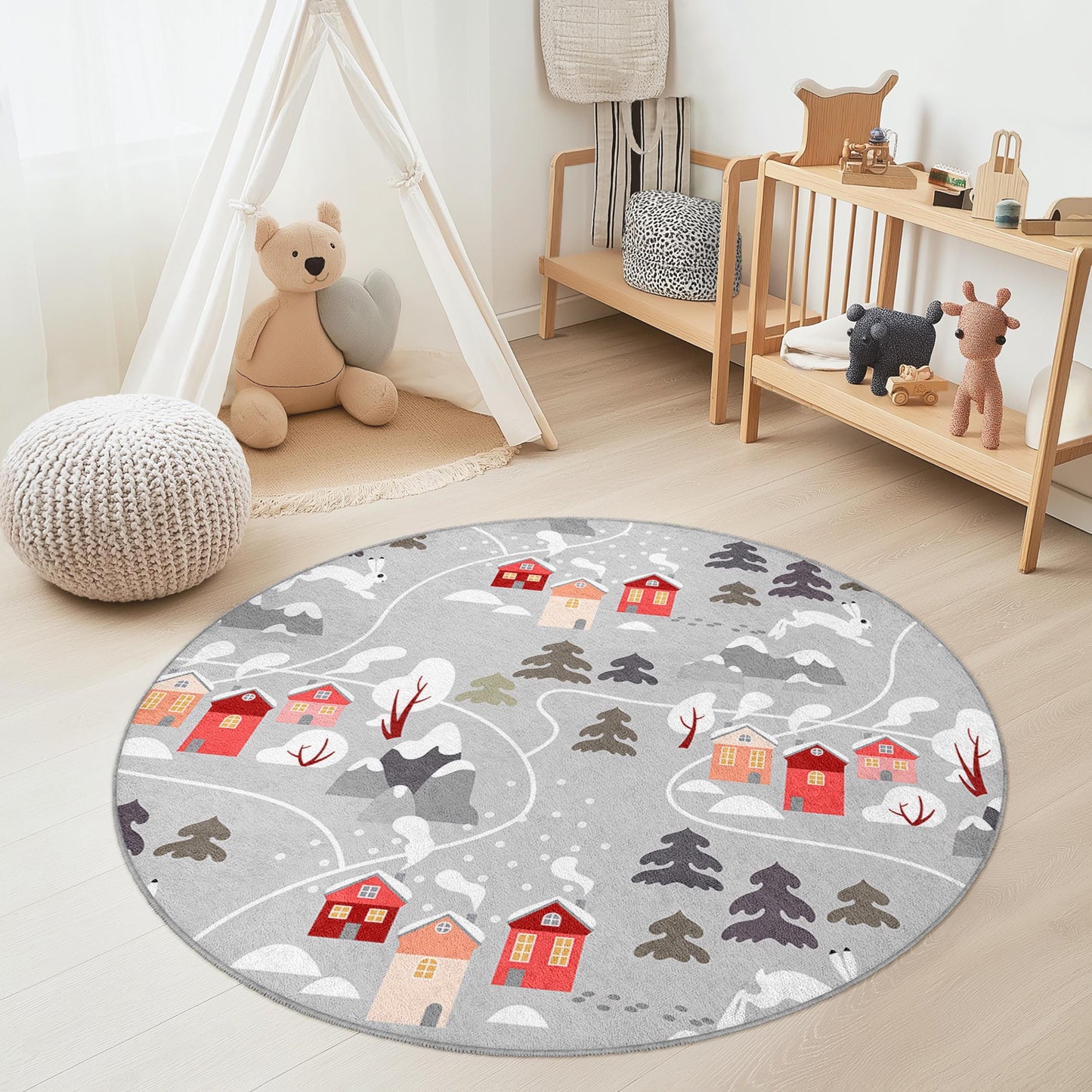 Runder Spielteppich „Winterwunderland“ für Kinder, gemütliches Dorf-Muster, Kinderzimmerdeko, Spielzimmerteppich, weicher Kinderzimmerteppich