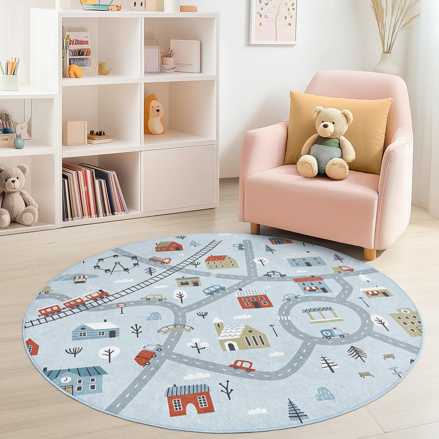 Runder Spielteppich „Winterwunderland“, Spielmatte für Kinder mit Straßen und Häusern, weicher runder Teppich für Kinderzimmer, Kinderzimmerdekoration