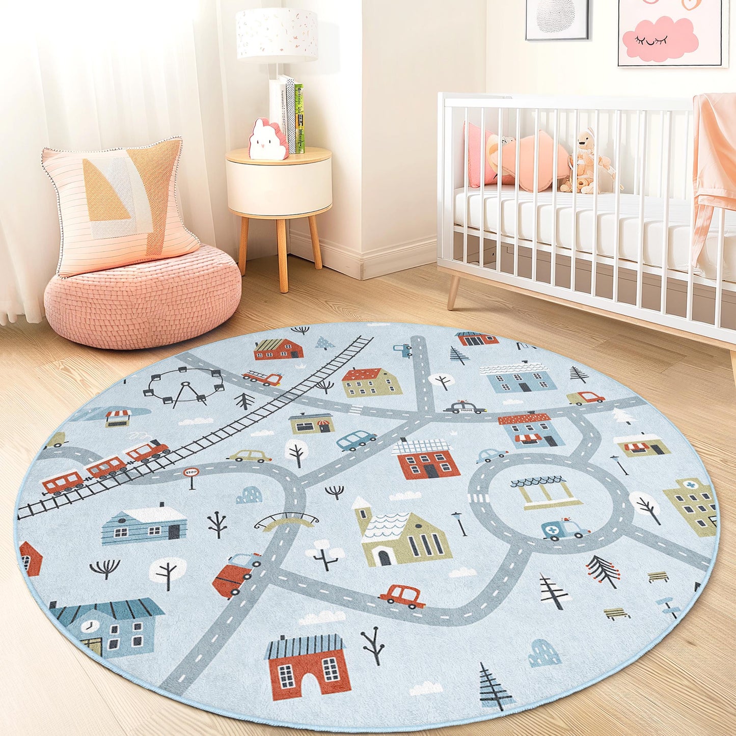 Runder Spielteppich „Winterwunderland“, Spielmatte für Kinder mit Straßen und Häusern, weicher runder Teppich für Kinderzimmer, Kinderzimmerdekoration