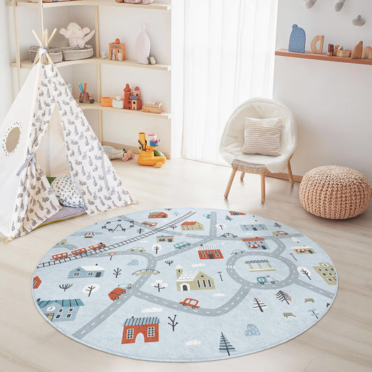Winter Wonderland Round Play Rug, Kids Playmat with Roads and Houses, Soft Circle Carpet for Children's Room, Nursery Decor