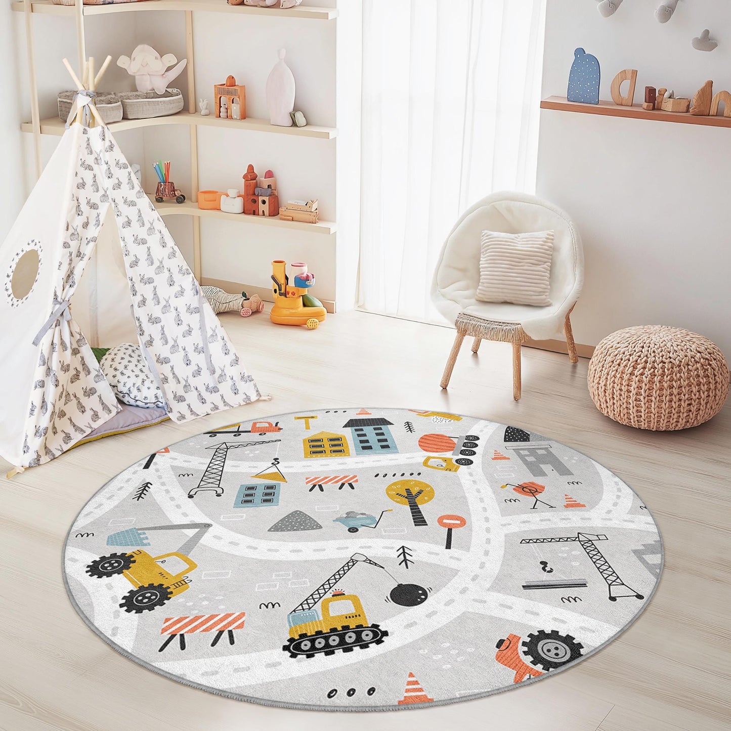 Runder Spielteppich „Baustelle“, interaktive Spielmatte für Kleinkinder, Kinderzimmerteppich, weiche Kinderzimmerdekoration, lustiger Spielzimmerteppich