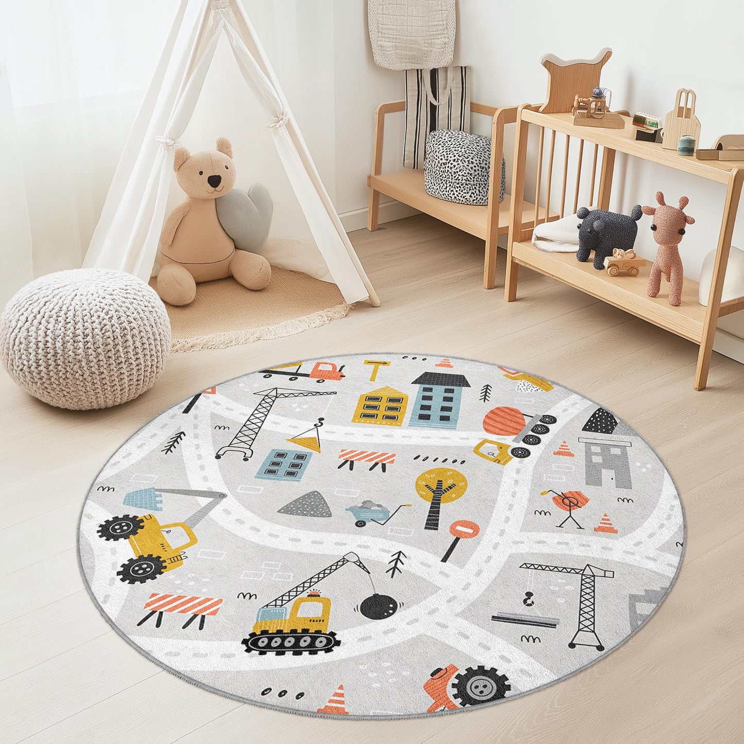 Construction Zone Round Kids Play Rug, Interactive Play Mat for Toddlers, Kids Room Carpet, Soft Nursery Decor, Fun Playroom Rug
