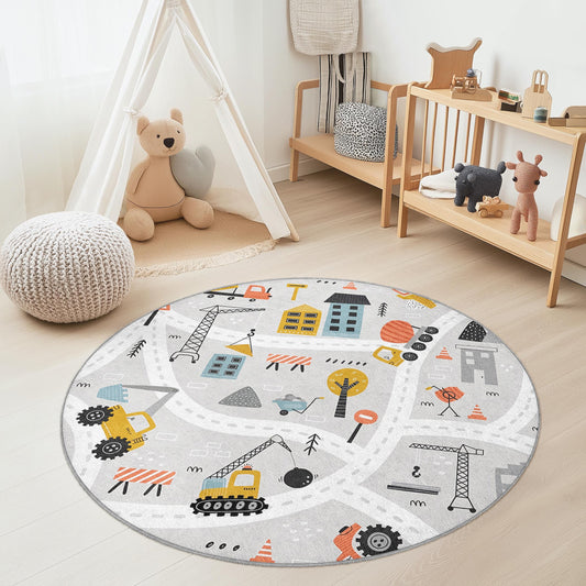 Construction Zone Round Kids Play Rug, Interactive Play Mat for Toddlers, Kids Room Carpet, Soft Nursery Decor, Fun Playroom Rug