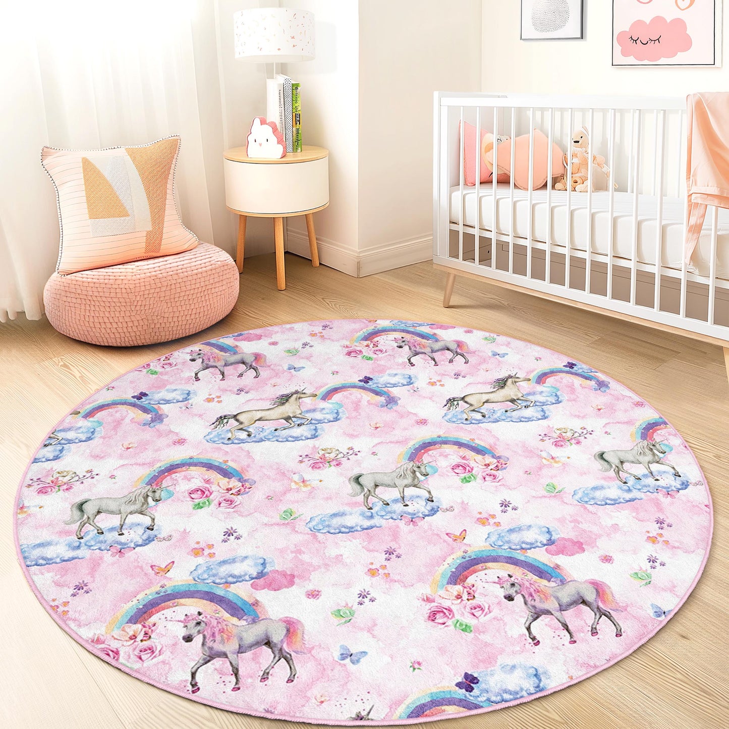 Verspielter runder Einhorn-Kinderteppich, Regenbogenwolken-Spielmatte, weiche Kinderzimmerdekoration, Spielzimmerteppich, Kinderzimmerteppich, Teppich mit Fantasiemotiv