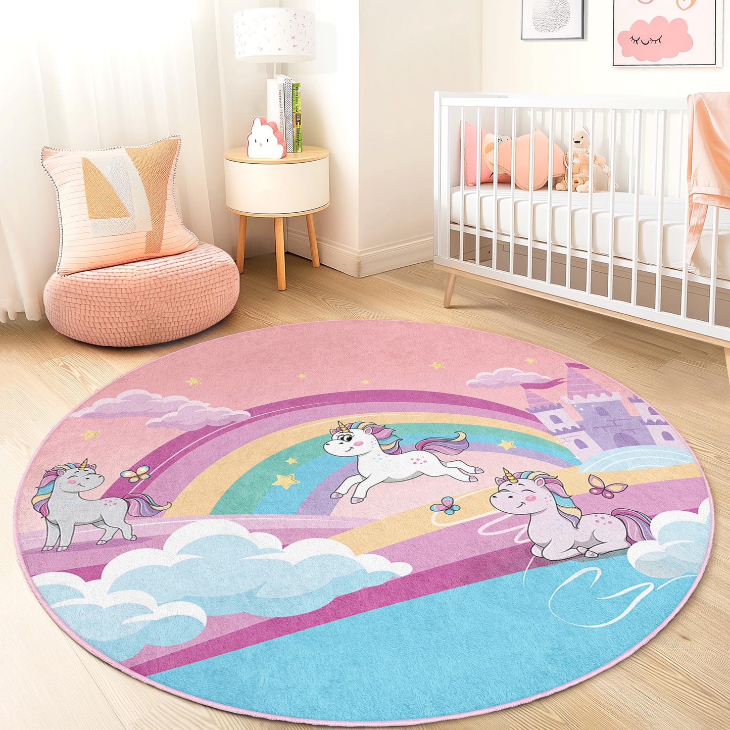 Runder Spielteppich mit Einhorn-Regenbogen, magischer Einhorn-Teppich, Spielzimmerdeko, weicher runder Teppich für Mädchenzimmer, Kinderzimmerteppich