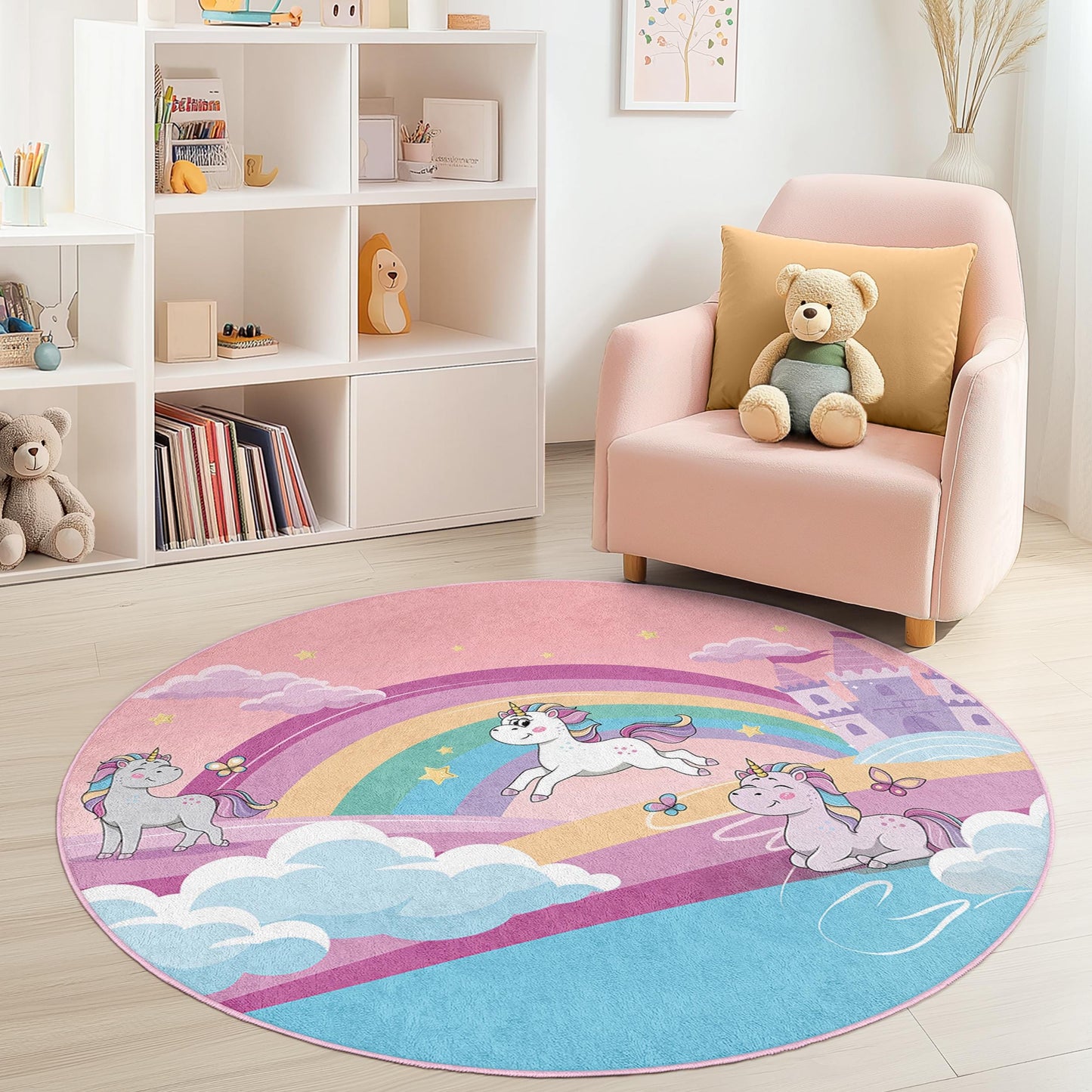 Runder Spielteppich mit Einhorn-Regenbogen, magischer Einhorn-Teppich, Spielzimmerdeko, weicher runder Teppich für Mädchenzimmer, Kinderzimmerteppich