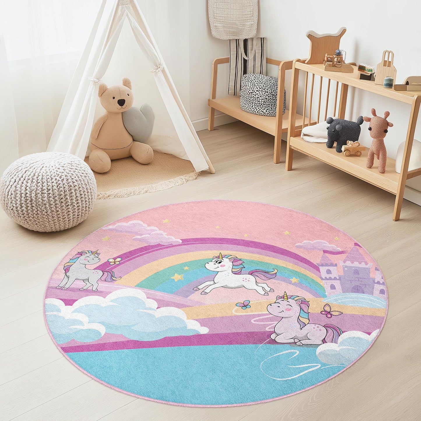 Runder Spielteppich mit Einhorn-Regenbogen, magischer Einhorn-Teppich, Spielzimmerdeko, weicher runder Teppich für Mädchenzimmer, Kinderzimmerteppich