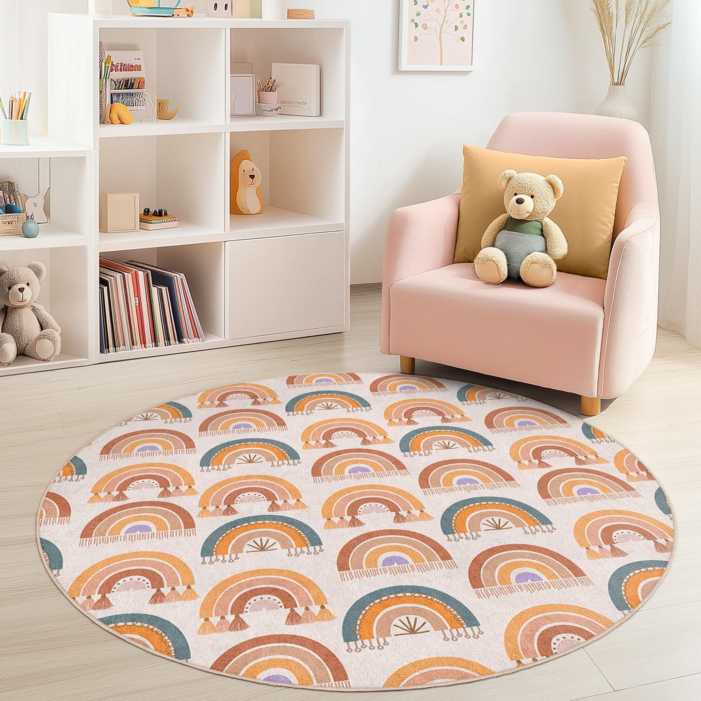 Runder Kinderteppich mit Regenbogenmotiv, bunte Regenbogen-Spielmatte, weicher Kinderzimmerteppich, Kinderzimmerdekoration, Spielzimmerteppich, pädagogischer Spielteppich