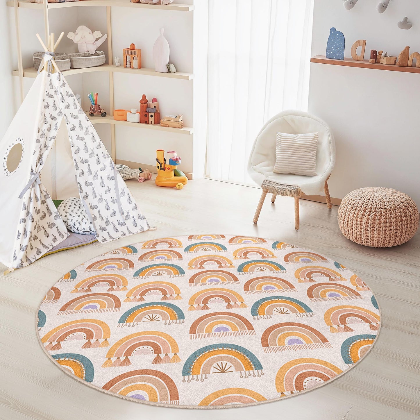 Runder Kinderteppich mit Regenbogenmotiv, bunte Regenbogen-Spielmatte, weicher Kinderzimmerteppich, Kinderzimmerdekoration, Spielzimmerteppich, pädagogischer Spielteppich