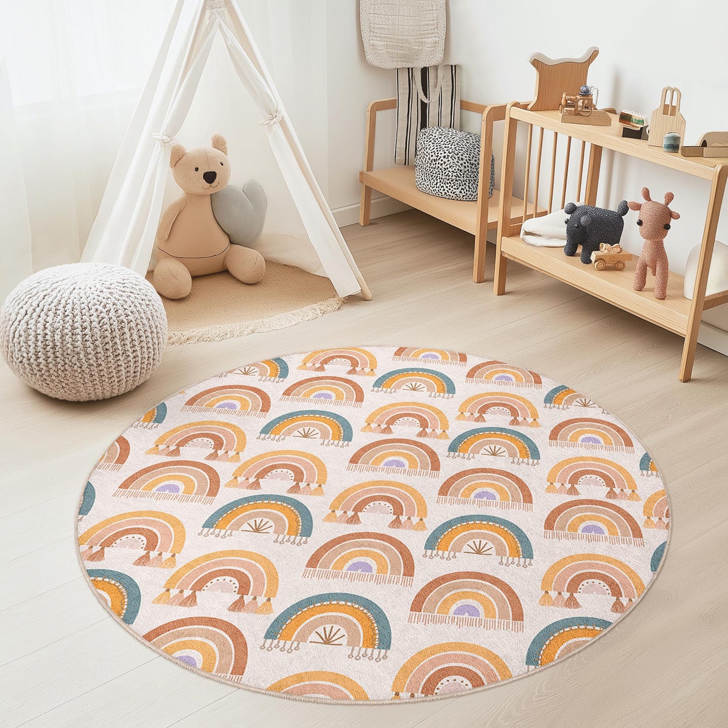 Rainbow Design Round Kids Rug, Colorful Rainbow Play Mat, Soft Nursery Rug, Kids Room Decor, Playroom Carpet, Educational Play Rug
