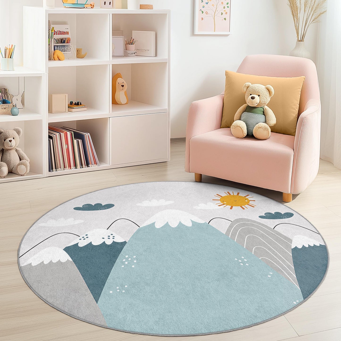 Runder Kinderteppich „Bergabenteuer“, Spielmatte mit Naturmotiv, weicher runder Teppich für Kinderzimmer, Kinderzimmerdekoration, Spielzimmerteppich