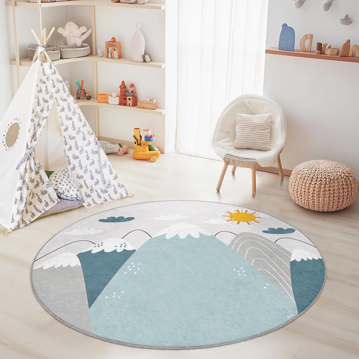 Runder Kinderteppich „Bergabenteuer“, Spielmatte mit Naturmotiv, weicher runder Teppich für Kinderzimmer, Kinderzimmerdekoration, Spielzimmerteppich