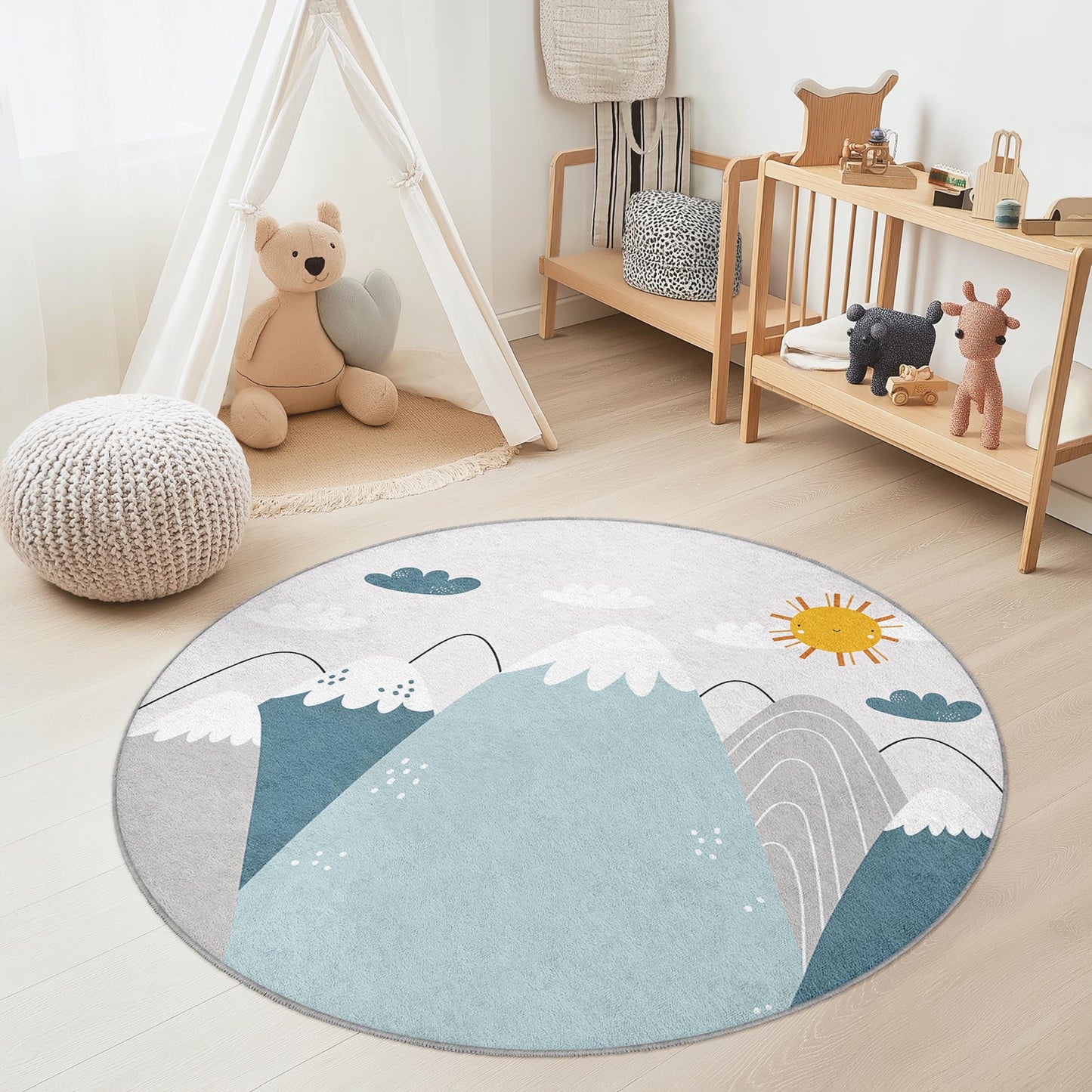 Runder Kinderteppich „Bergabenteuer“, Spielmatte mit Naturmotiv, weicher runder Teppich für Kinderzimmer, Kinderzimmerdekoration, Spielzimmerteppich