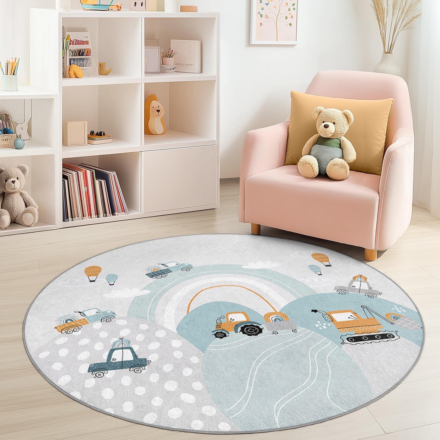 Runder Kinderteppich mit verspielten Baustellenfahrzeugen, Kinderzimmerteppich, Kinderzimmerdekoration, weiche Spielmatte für Kleinkinder