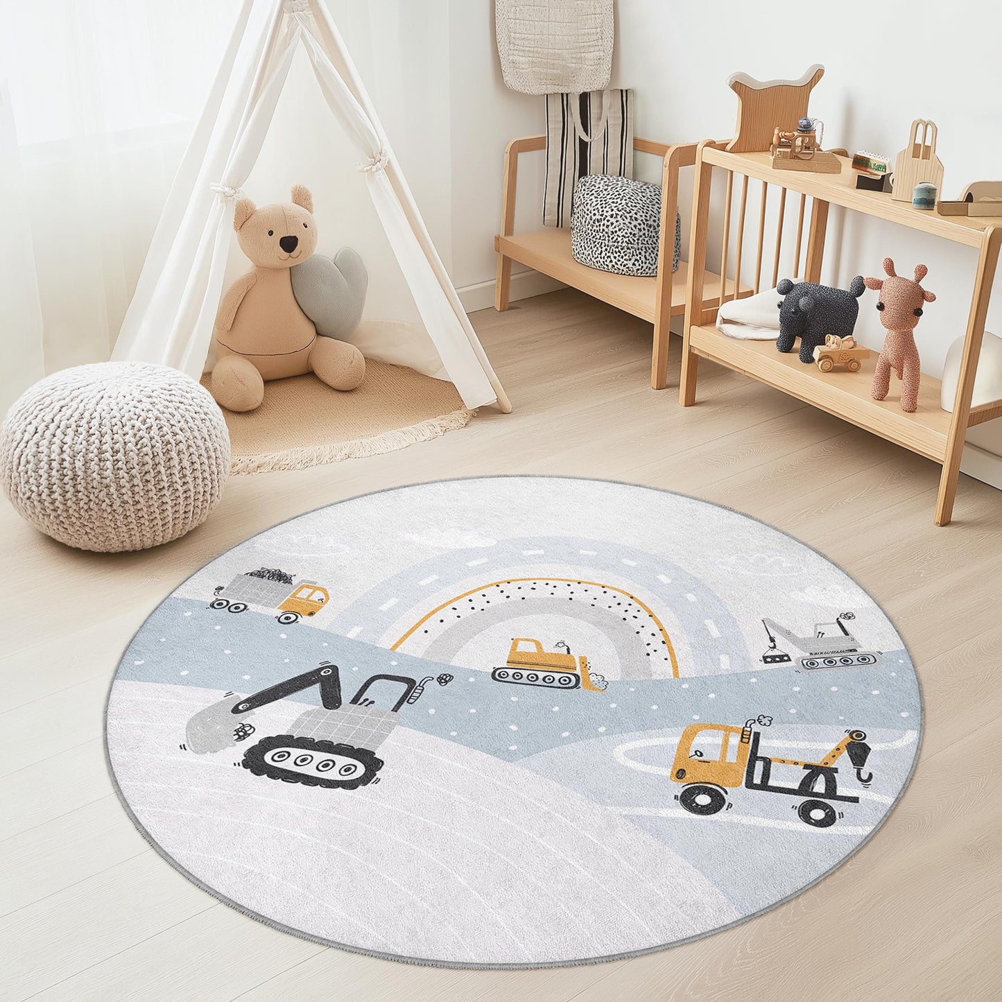 Runder Spielteppich mit Baustellenfahrzeugen, Kinderzimmerdeko, weiche Spielmatte, LKW-Teppich, Babyzimmerteppich, Babyzimmer-Basics