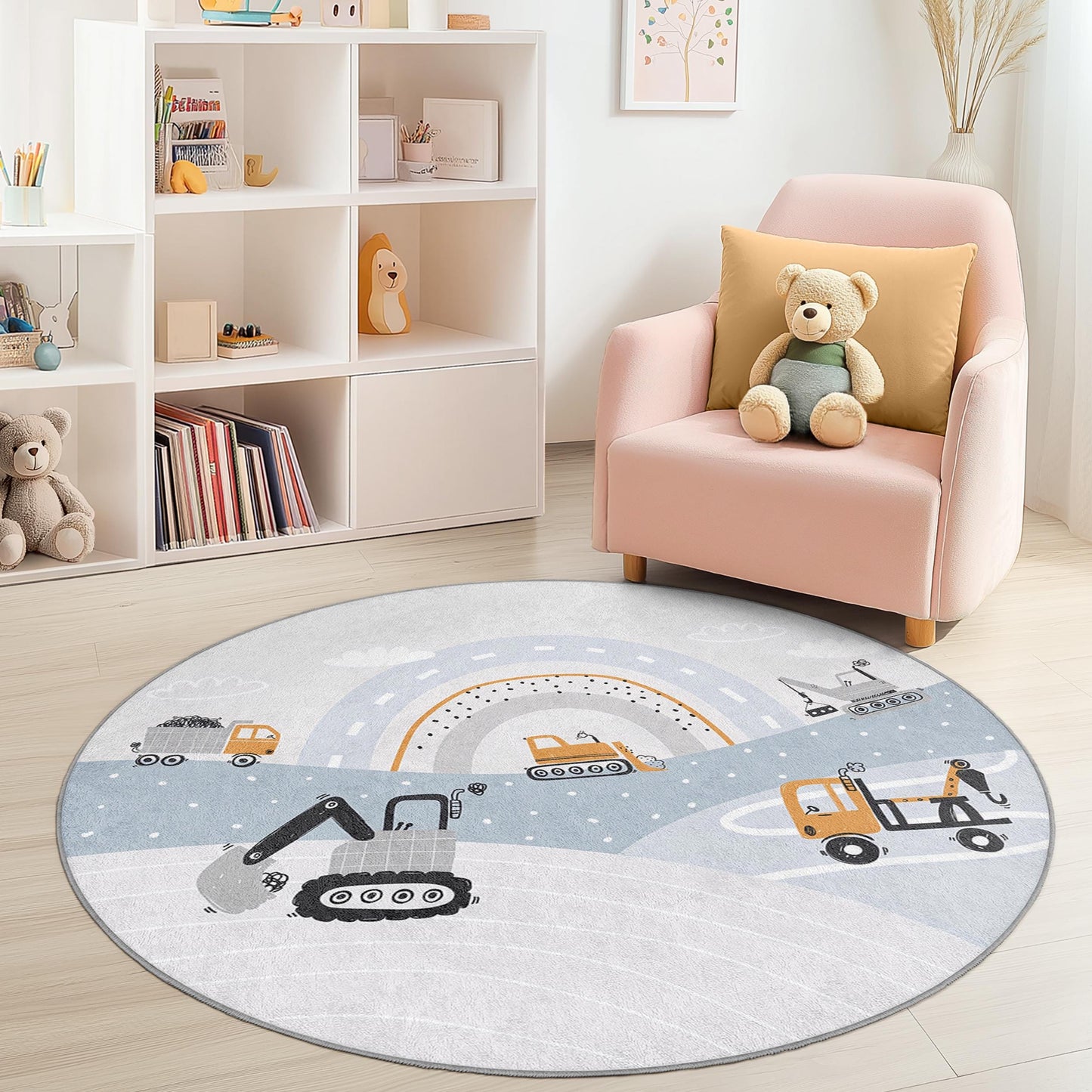 Runder Spielteppich mit Baustellenfahrzeugen, Kinderzimmerdeko, weiche Spielmatte, LKW-Teppich, Babyzimmerteppich, Babyzimmer-Basics