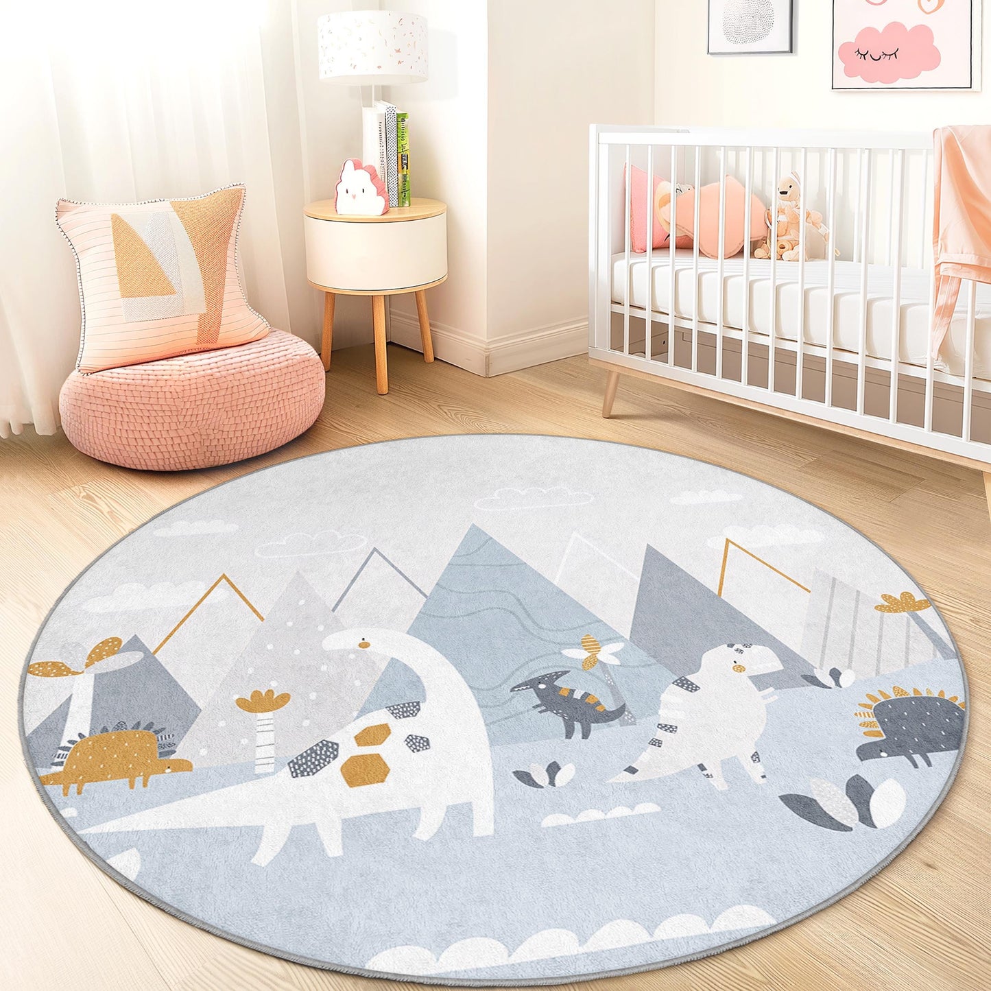 Abenteuerlicher runder Dinosaurier-Kinderteppich, verspielter Dino-Teppich fürs Kinderzimmer, weiche Spielmatte fürs Kinderzimmer, kreative Kinderzimmerdekoration