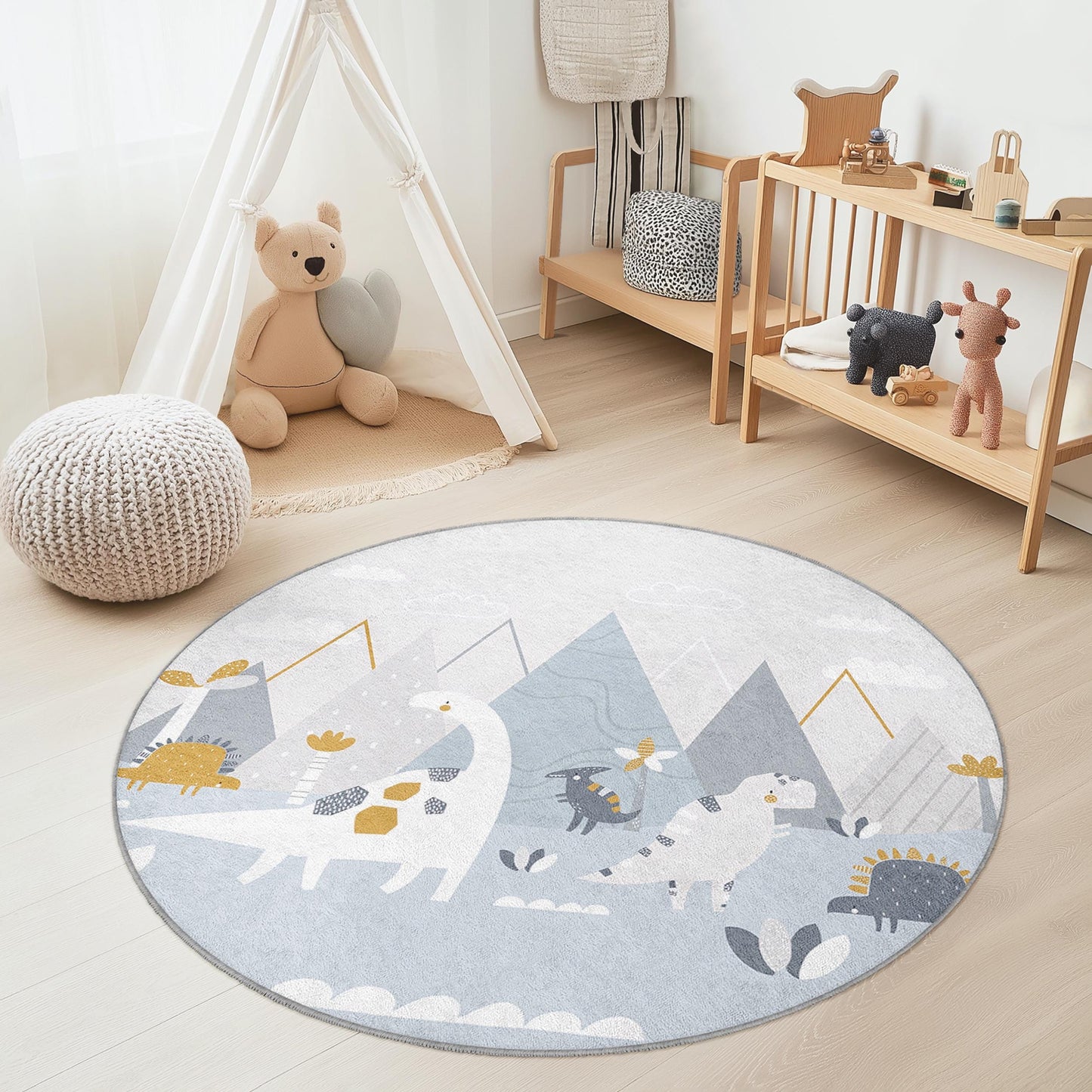Abenteuerlicher runder Dinosaurier-Kinderteppich, verspielter Dino-Teppich fürs Kinderzimmer, weiche Spielmatte fürs Kinderzimmer, kreative Kinderzimmerdekoration