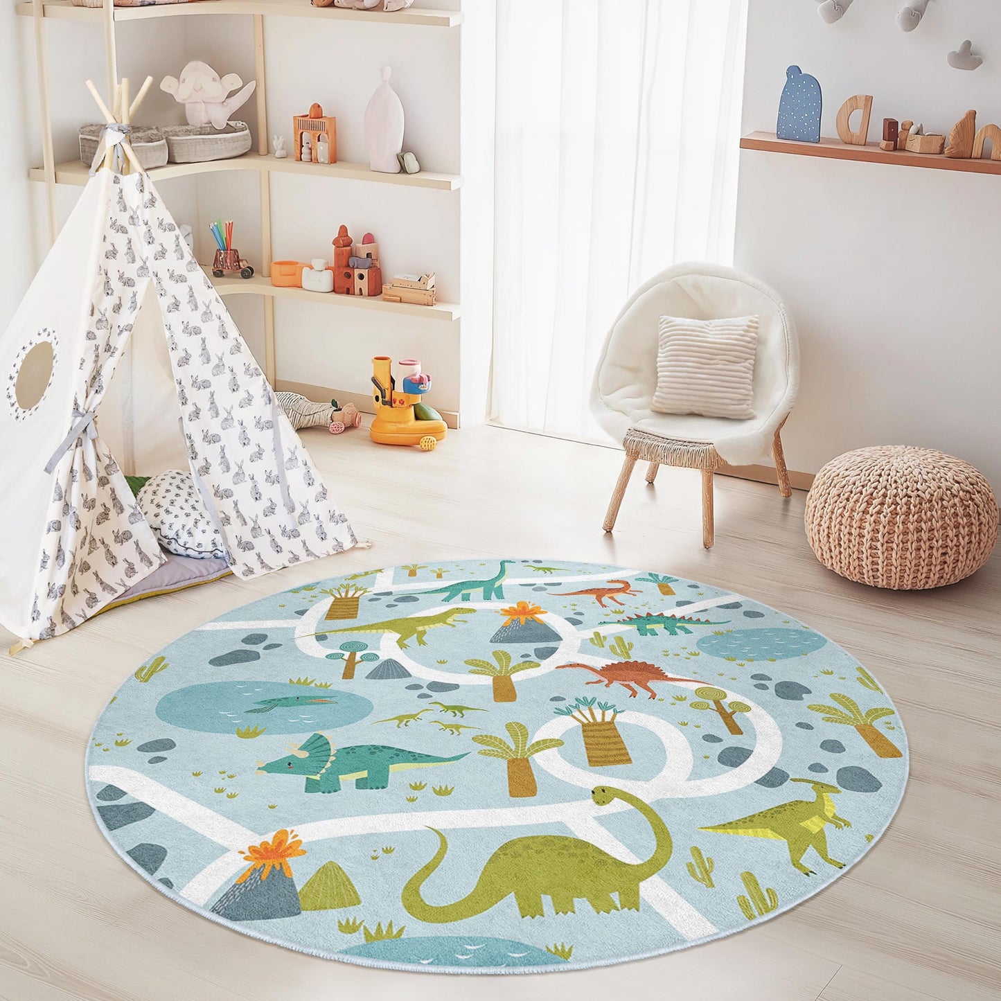 Runde Dinosaurier-Spielmatte, Kinderzimmerteppich, interaktiver Dino-Teppich, weiche Spielmatte für Spielzimmer und Kinderzimmerdekoration