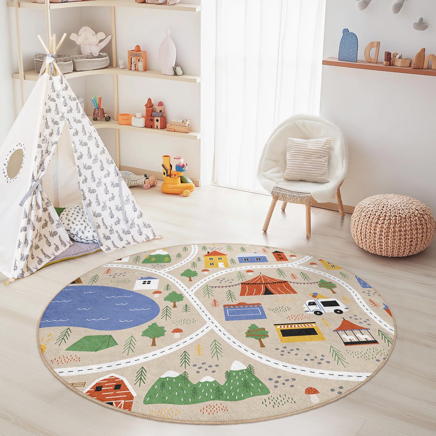 Camping-Abenteuer-Spielteppich: Weicher Kinderspielzimmerteppich