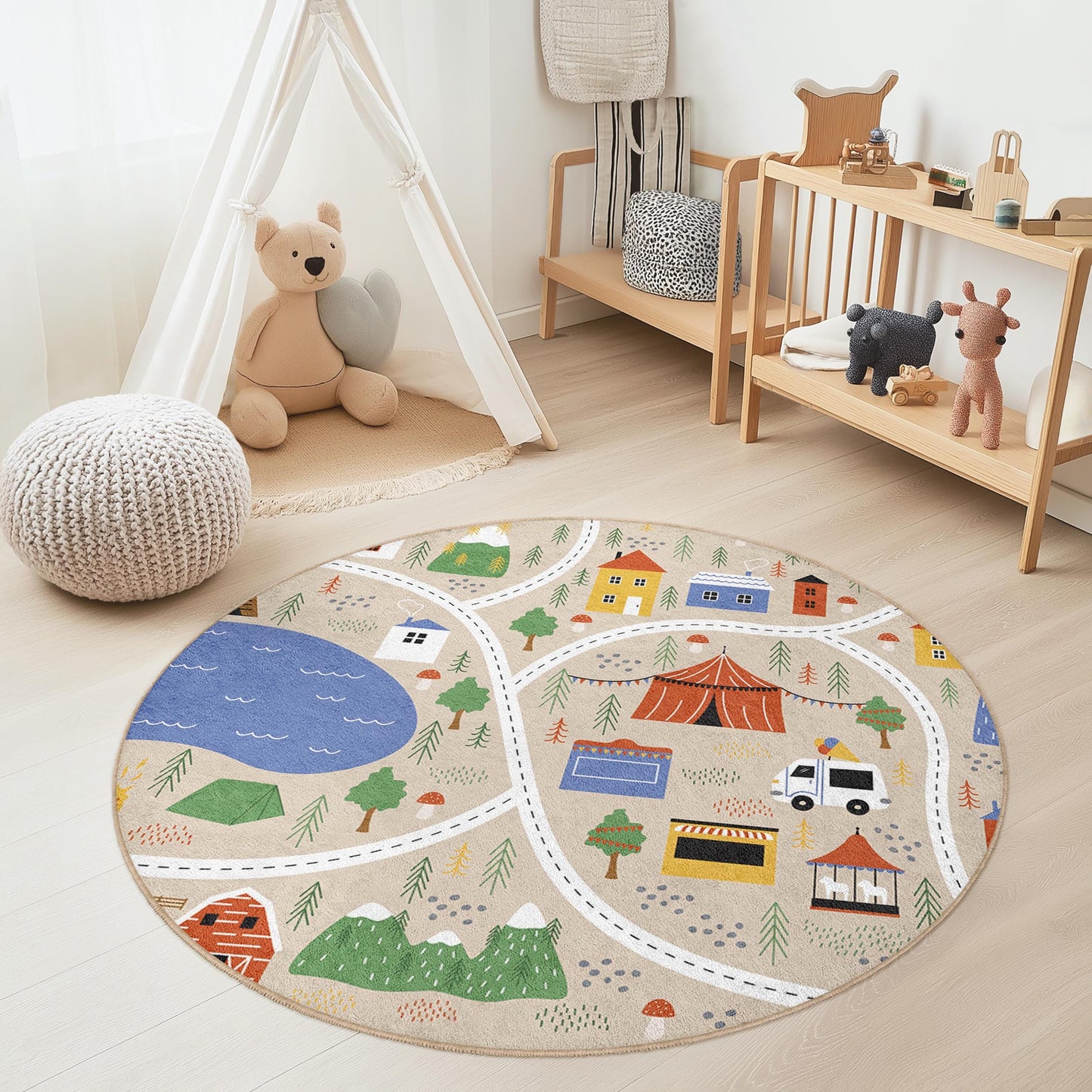 Camping-Abenteuer-Spielteppich: Weicher Kinderspielzimmerteppich