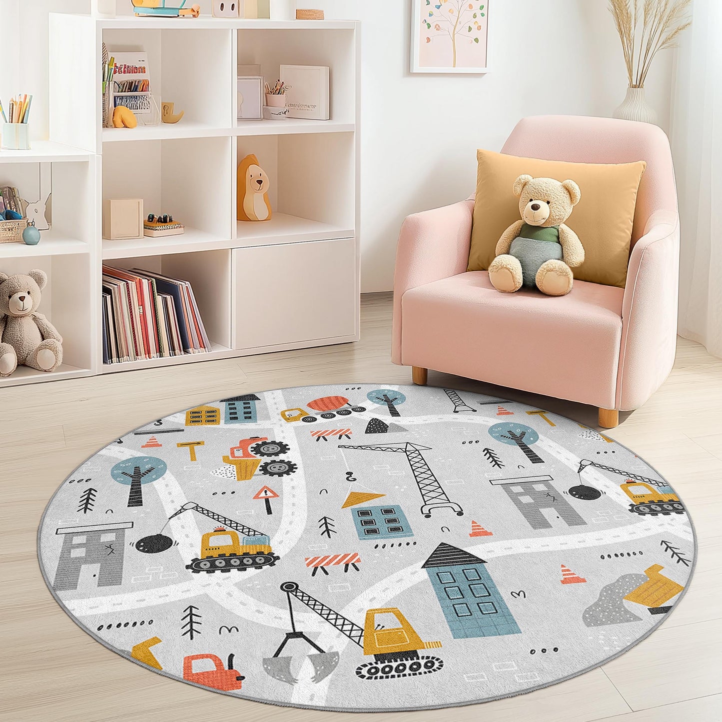 Runder Spielteppich „Baustelle“, Kinderzimmerteppich, weiche Spielmatte für Kleinkinder, Kinderzimmerdekoration, interaktiver Lernteppich