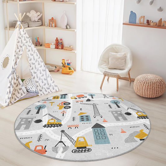 Construction Site Round Kids Play Rug, Kids Room Carpet, Soft Play Mat for Toddlers, Nursery Decor, Interactive Learning Rug