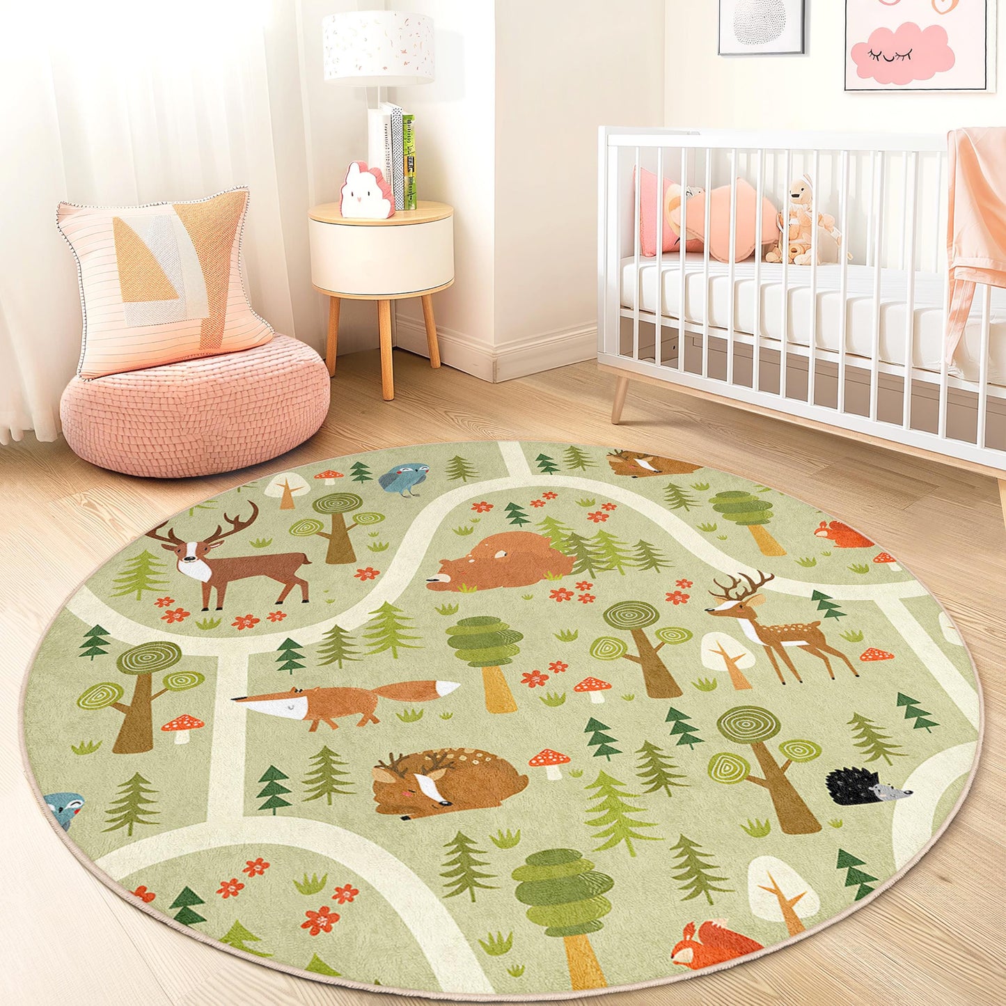 Runder Kinderteppich „Waldabenteuer“, Spielmatte mit Waldtieren, runder Teppich fürs Kinderzimmer, Kinderzimmerdeko, Teppich mit Naturmotiven
